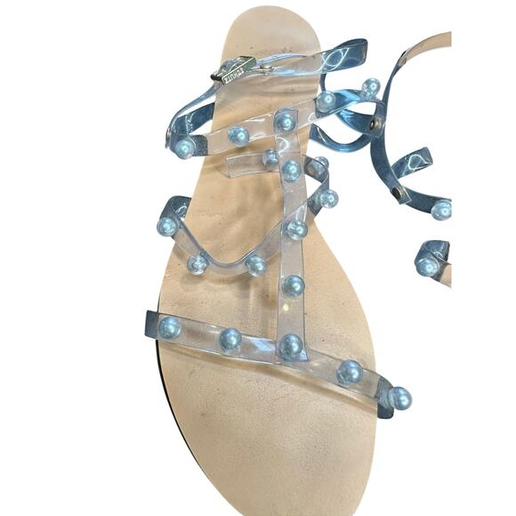 Schutz Yarin Studded Pearl Jelly Clear Beachy Flat Buckle Strap Sandals Size 8.5 - Picture 3 of 11